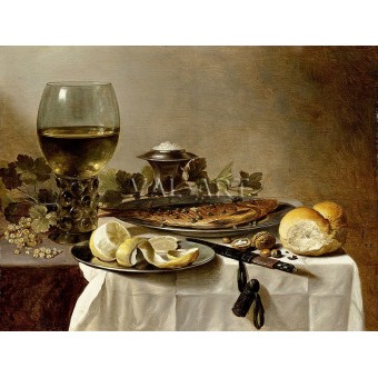 Натюрморт с херинга, вино и хляб (1627)