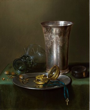 Натюрморт със сребърна чаша и часовник върху оловна чиния (1675) РЕПРОДУКЦИИ НА КАРТИНИ