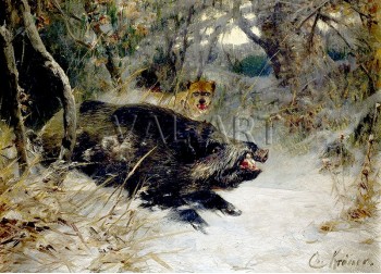 РЕПРОДУКЦИИ НА КАРТИНИ Стадо диви свине в зимна гора (1898)