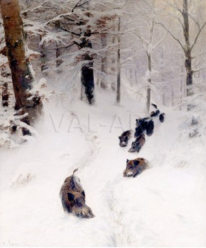 РЕПРОДУКЦИИ НА КАРТИНИ Стадо диви свине в зимна гора (1872)
