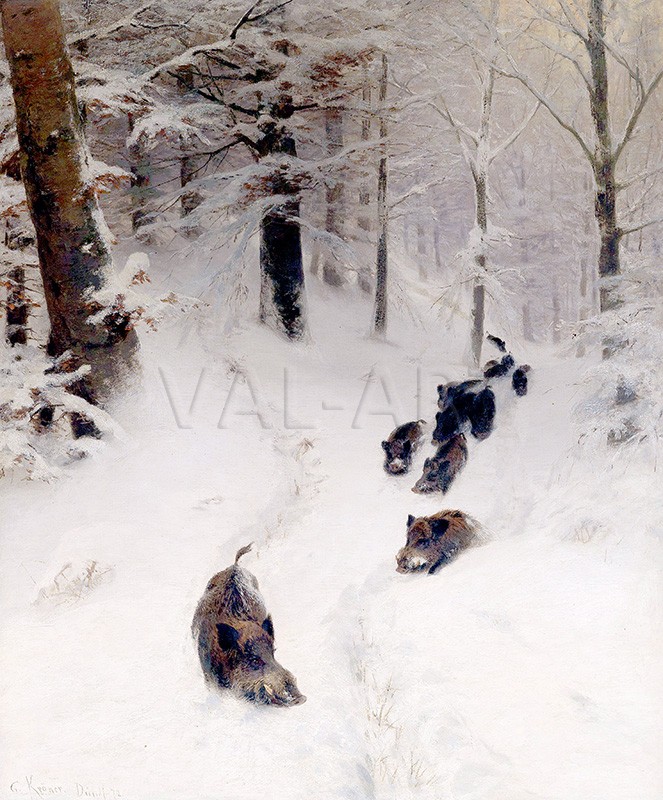РЕПРОДУКЦИИ НА КАРТИНИ Стадо диви свине в зимна гора (1872)