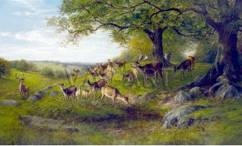 РЕПРОДУКЦИИ НА КАРТИНИ Стадо елени близо до горски извор (1884)