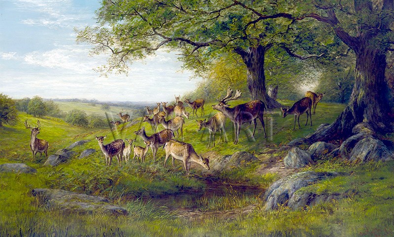 РЕПРОДУКЦИИ НА КАРТИНИ Стадо елени близо до горски извор (1884)