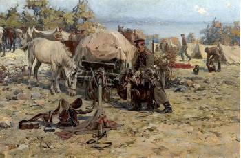 РЕПРОДУКЦИИ НА КАРТИНИ  Първи конен Софийски полк на бивак при Сароския залив на Мраморно море (1914)