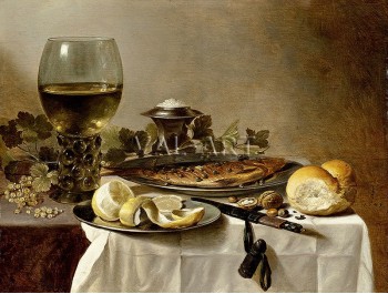 Натюрморт с херинга, вино и хляб (1627)