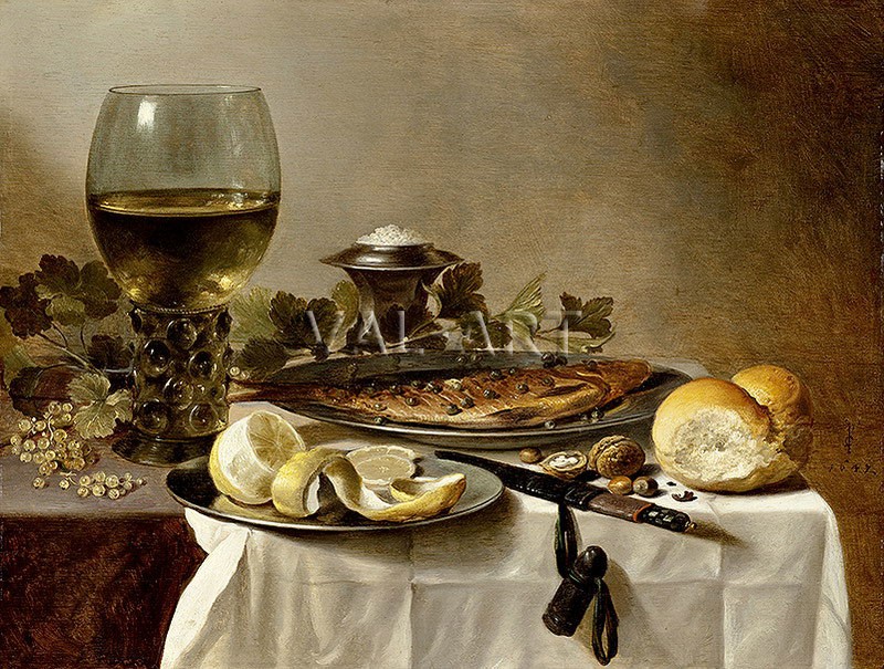 Натюрморт с херинга, вино и хляб (1627)